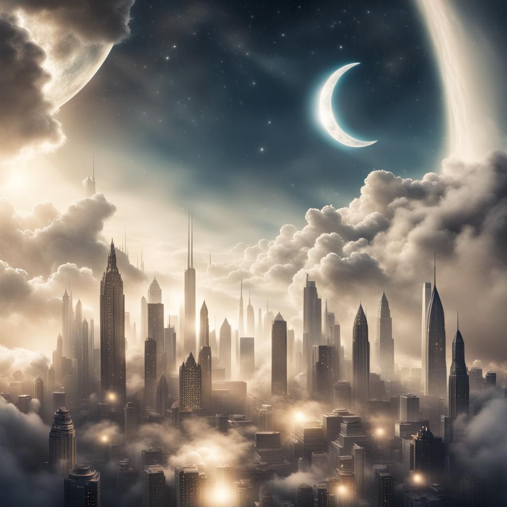 Futuristic Cloud City Under Two Moons