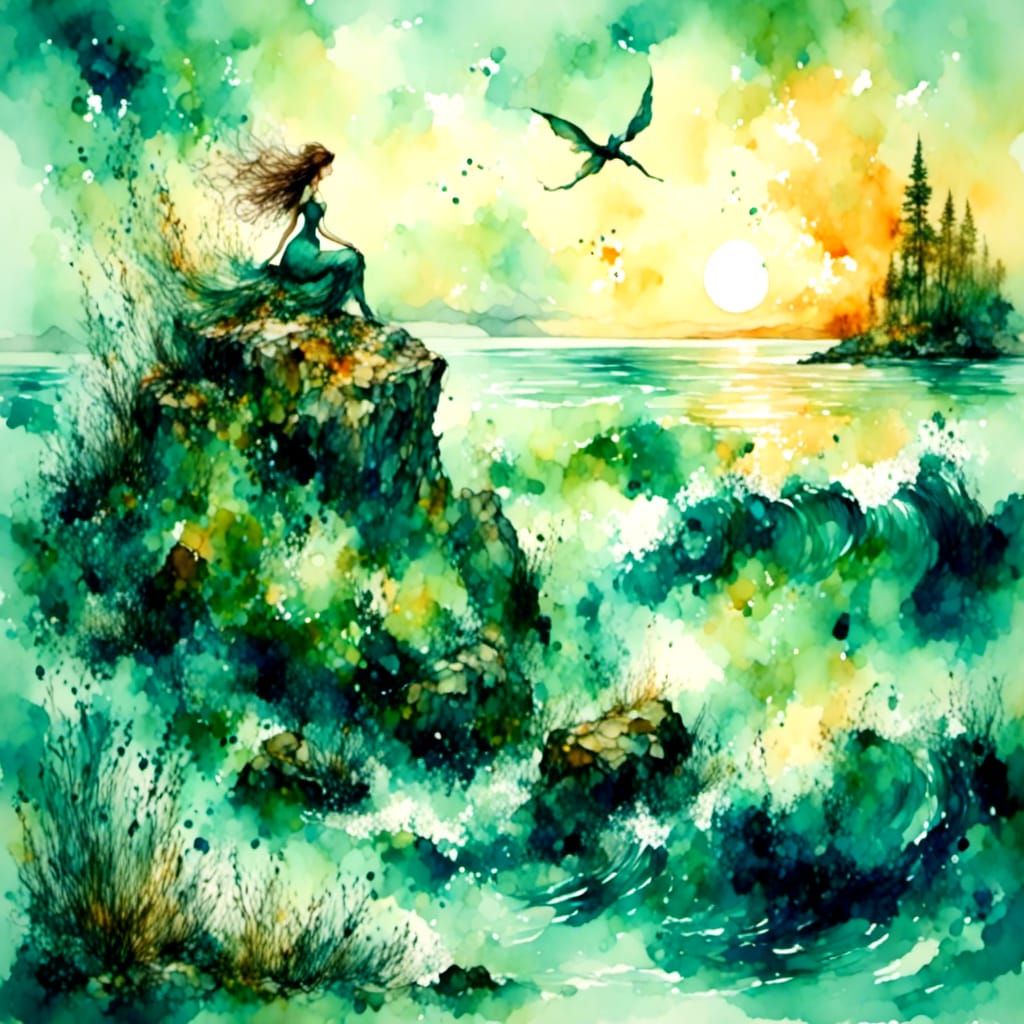 Abstract Mermaid at Sunrise with Dinosaur Roar