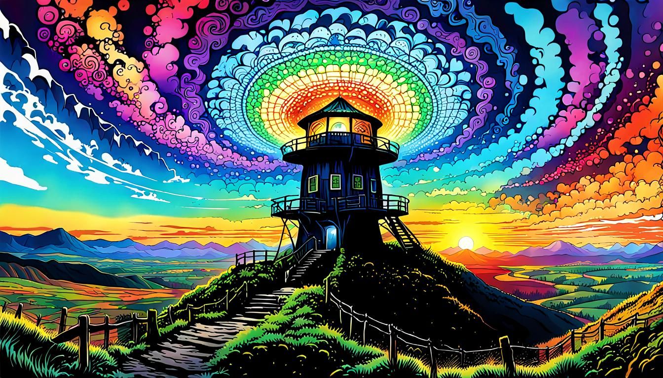 Psychedelic Watchtower: A Surreal AI Dreamscape