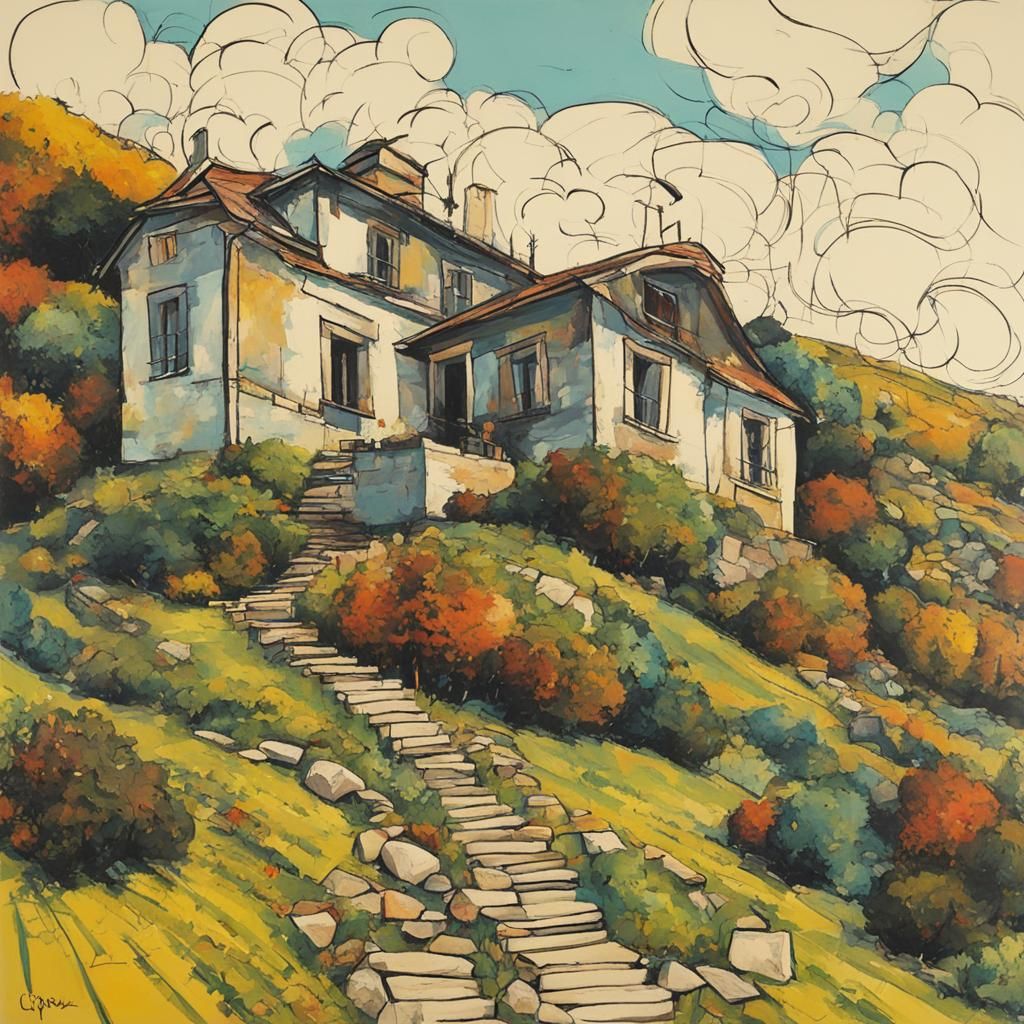 Colorful House on Hill, Graphic Novel Style