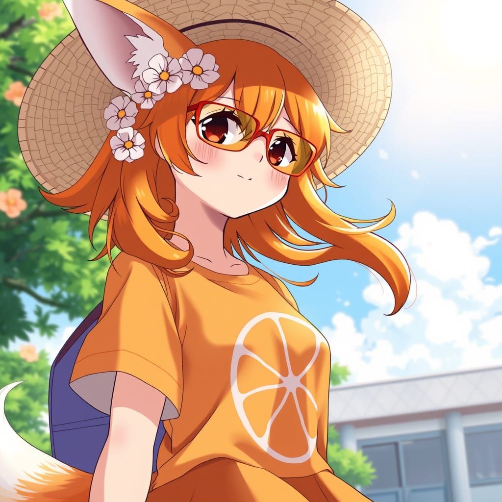 Anime Fox Girl with Flowers and Orange Outfit
