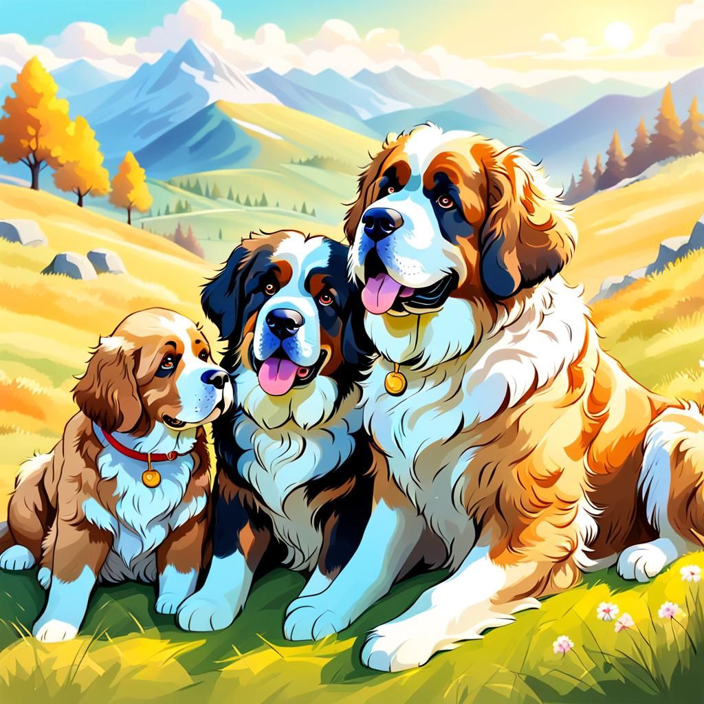 Heartwarming Illustration of Saint Bernard and Golden Doodle