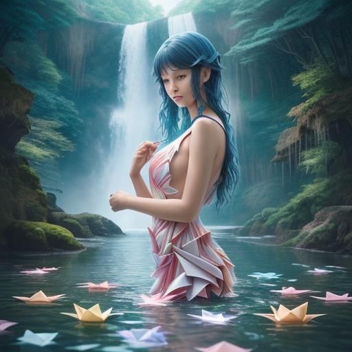 Woman with Shining Hair in Origami Waterfall