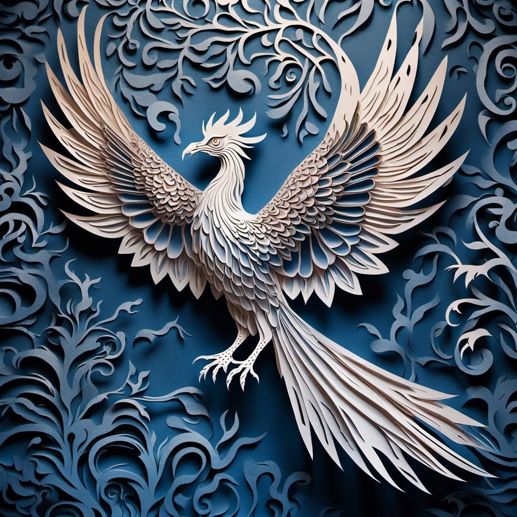 Kirigami Phoenix Sculpture in Hyperrealistic Detail