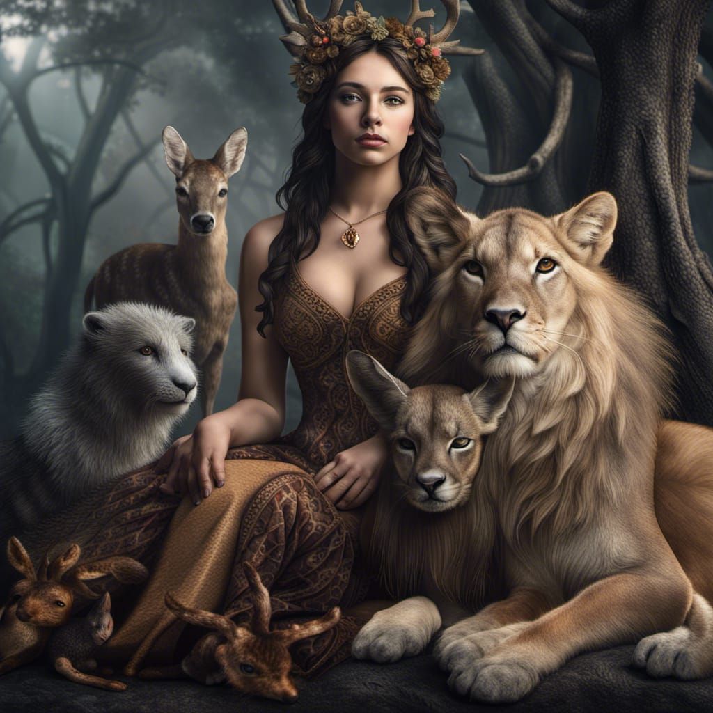 Fantasy Brunette with Animals, Hyperrealistic Digital Art