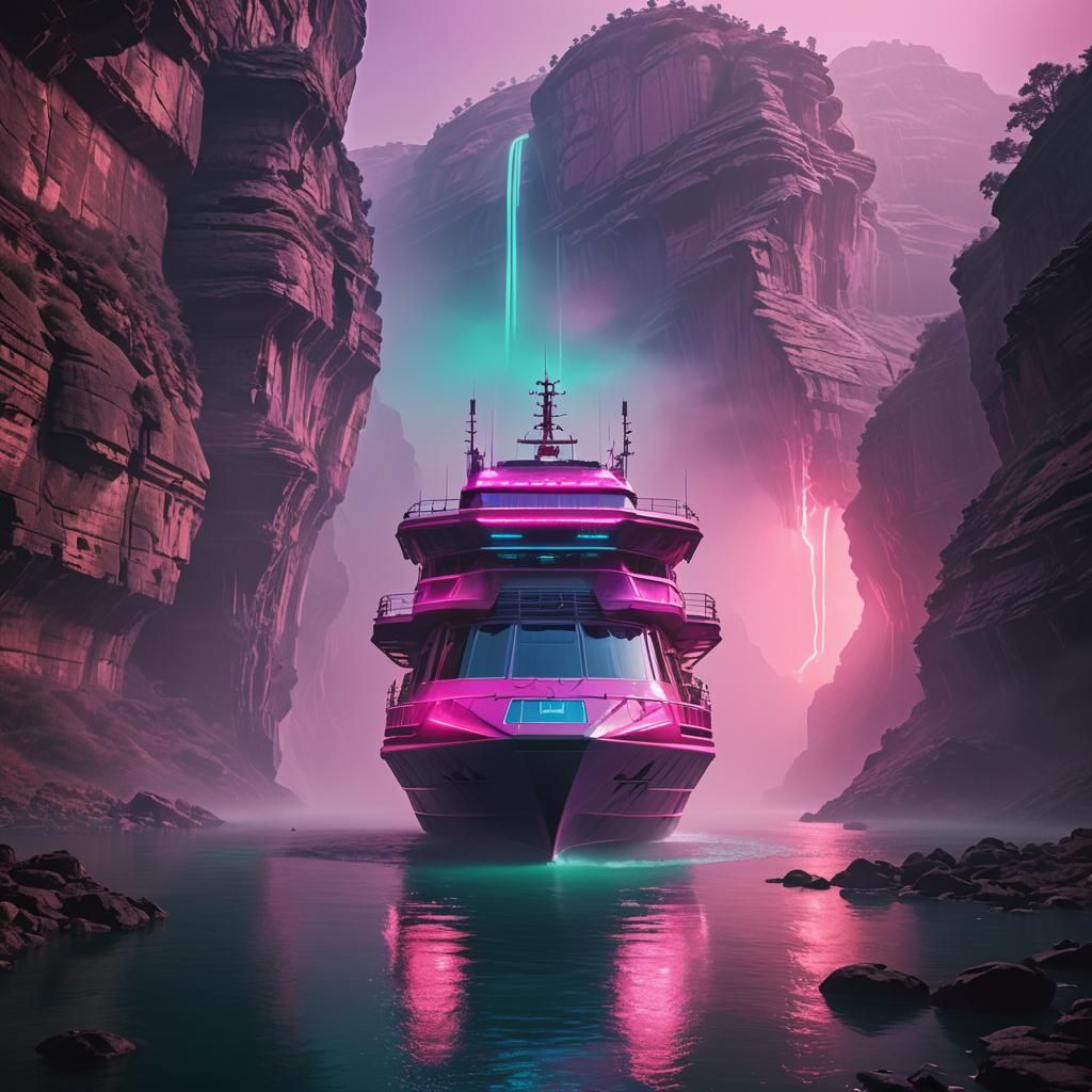Synthwave Alien Ferry in a Neon Canyon