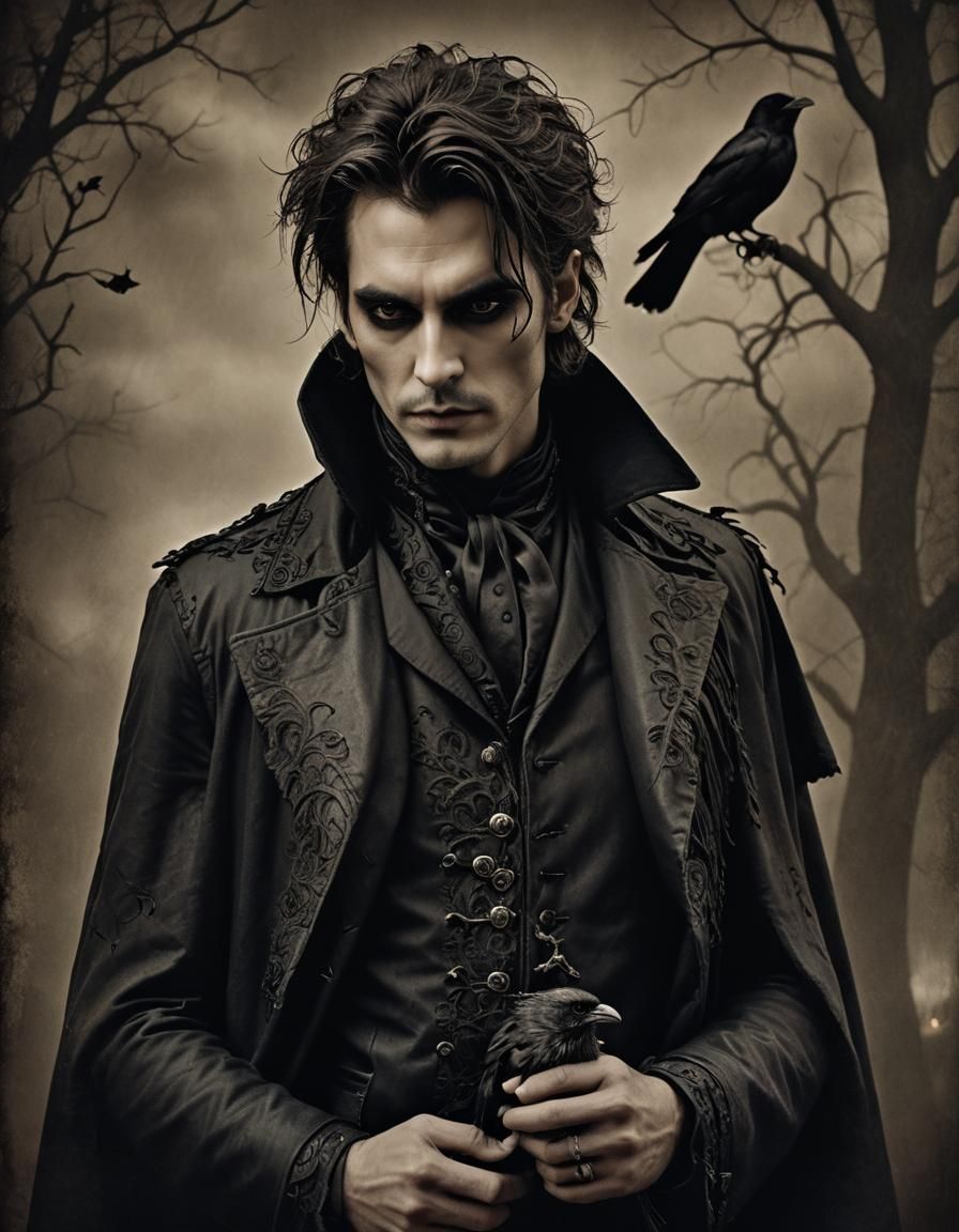 Melancholic Halloween Man with Raven in Gothic Horror Style