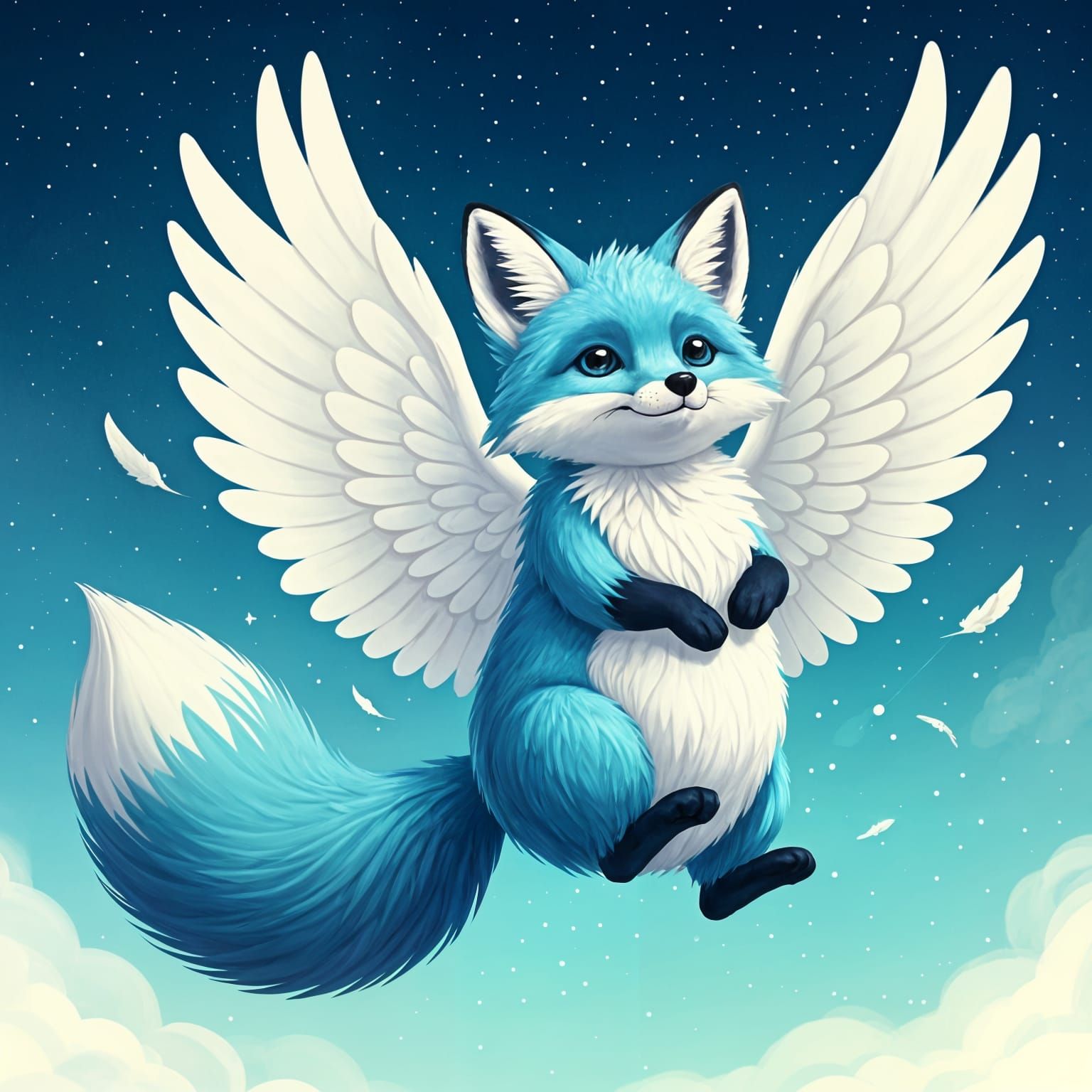 Adorable Blue Fox Takes Flight in Dreamlike Cosmic Scene