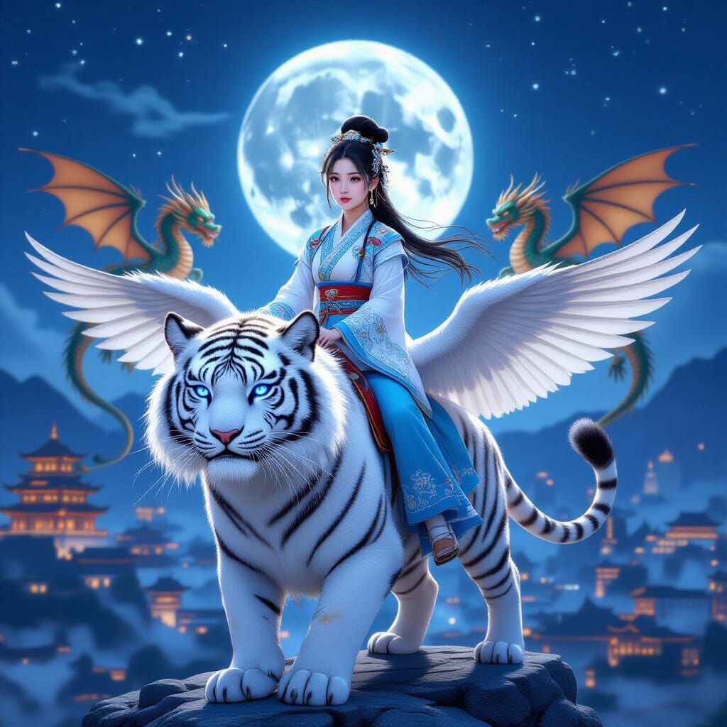 Girl Rides Winged Tiger Over City at Night