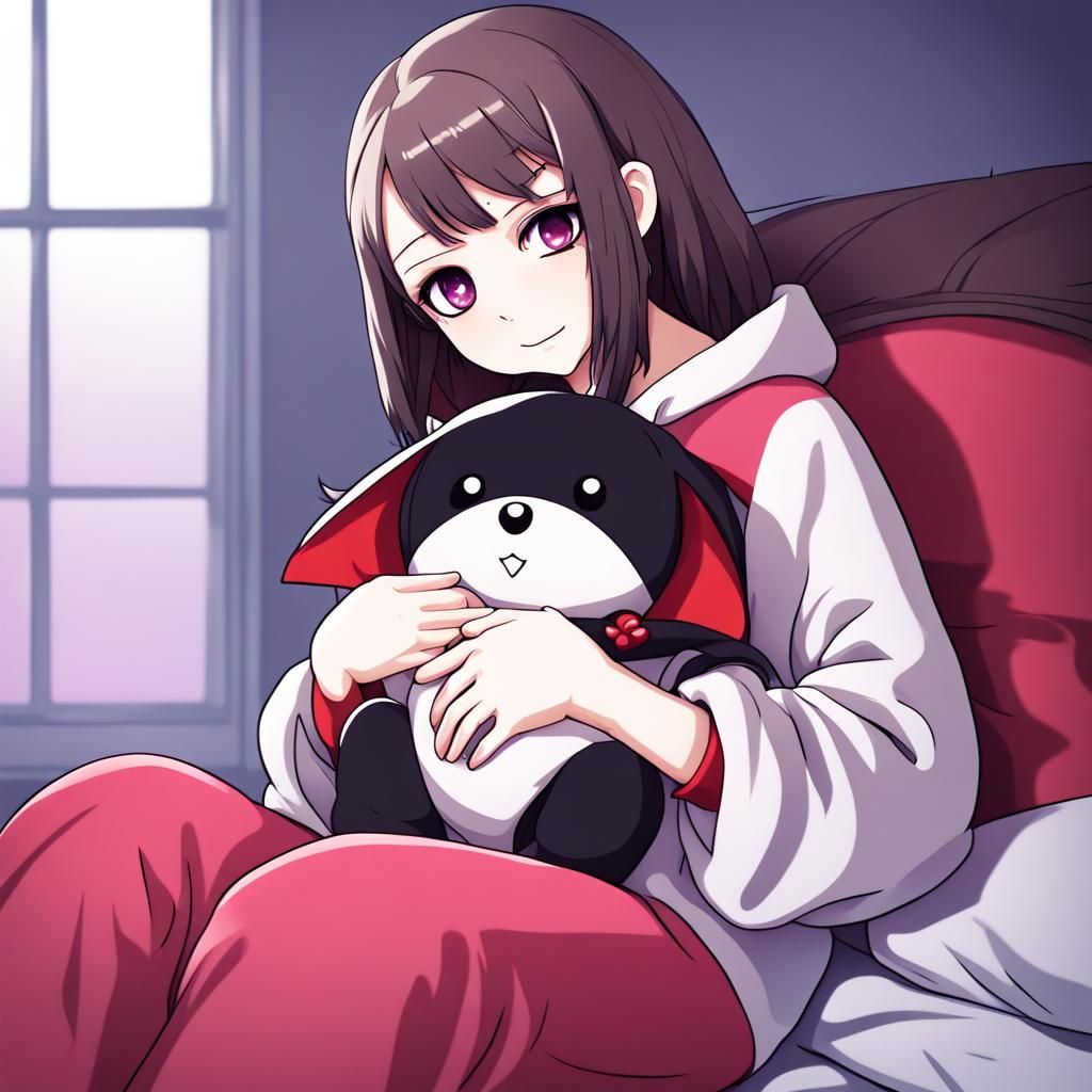 Anime Vampiress in Onesie with Plush Toy