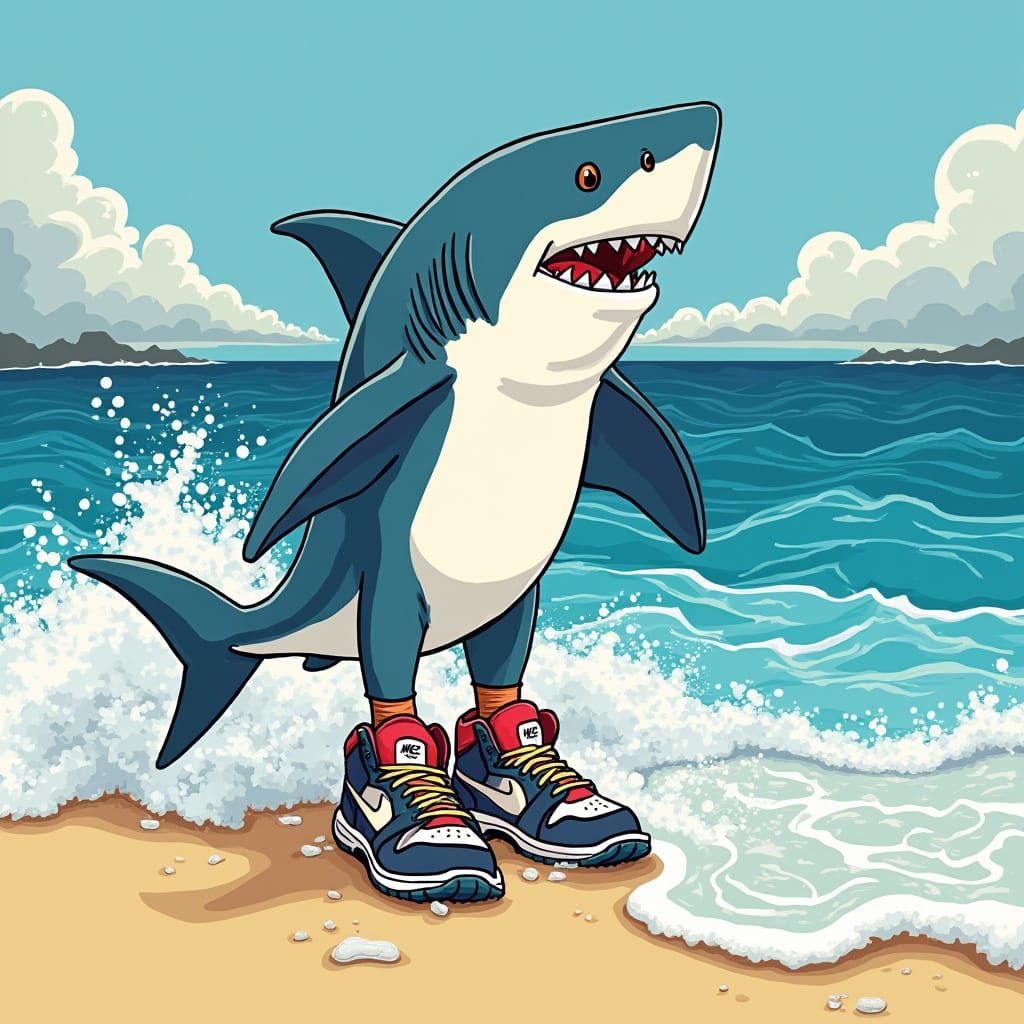 Shark with Nike Sneakers on Beach, Pop Surrealism
