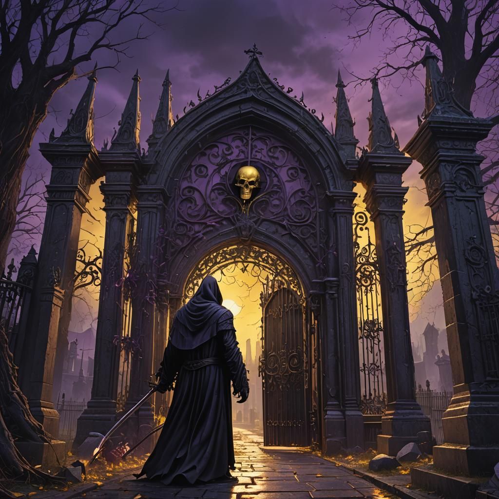 Grim Reaper at Cemetery Gates: Dark Fantasy Art