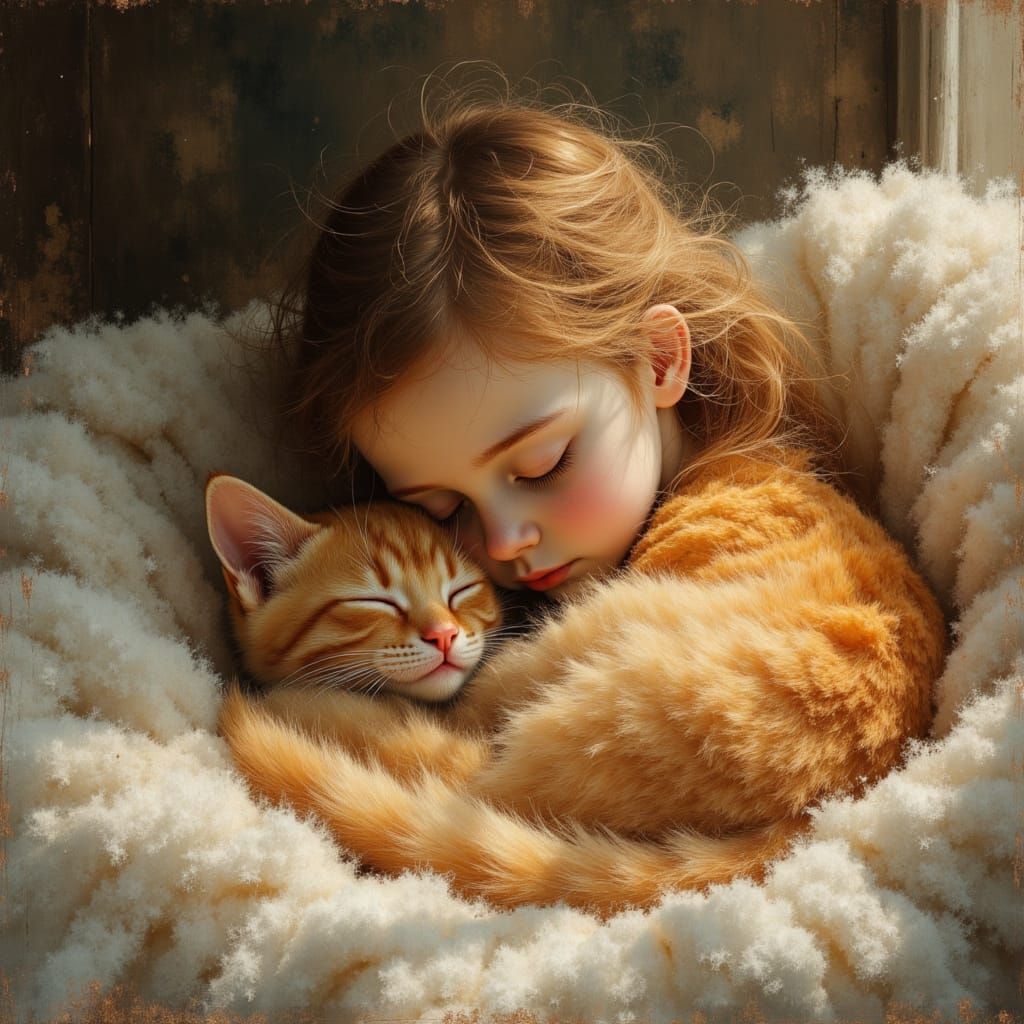 Cute Kitten and Girl Sleeping Together in Oil Painting