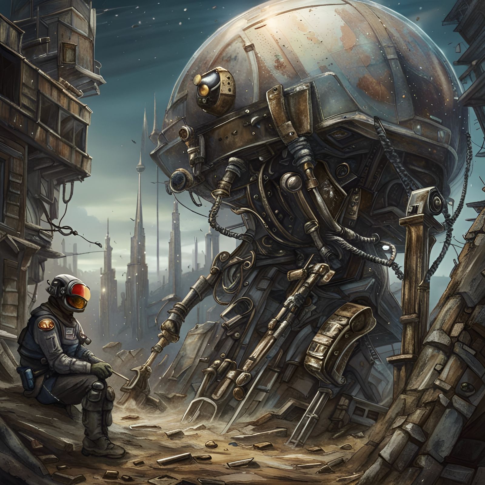 Worn Robot Soldier in Surreal Landscape