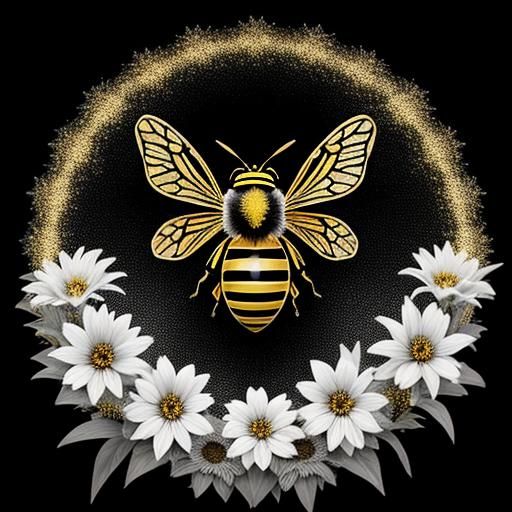Glowing Golden Bee in Black and White Flowerscape
