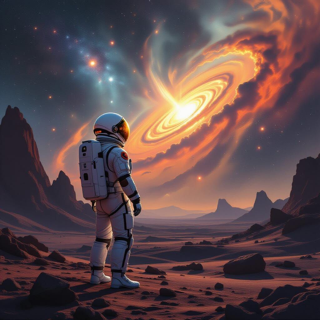 Astronaut on Alien Planet Gazing at Cosmic Nebulae