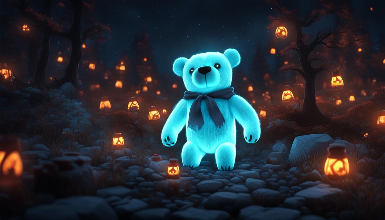 cute luminescent bear, glowing night horror theme, hdr, unre...