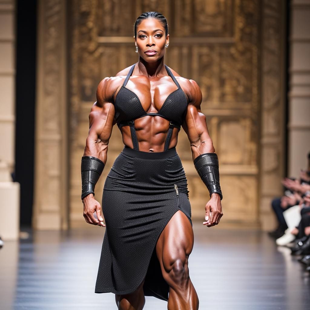 Bodybuilder on Paris Catwalk in Haute Couture