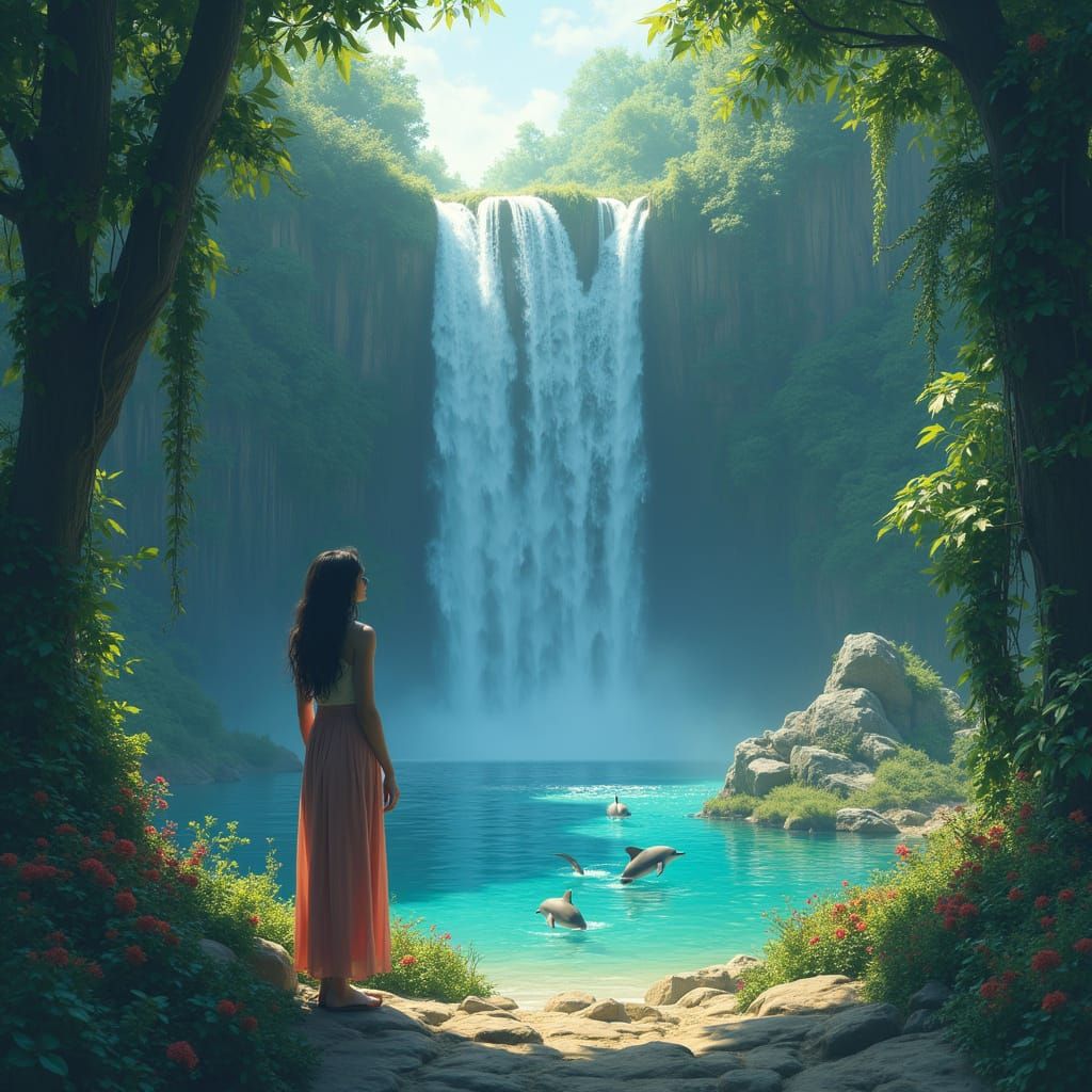 Realistic Waterfall with Lush Vegetation and Sea Creatures