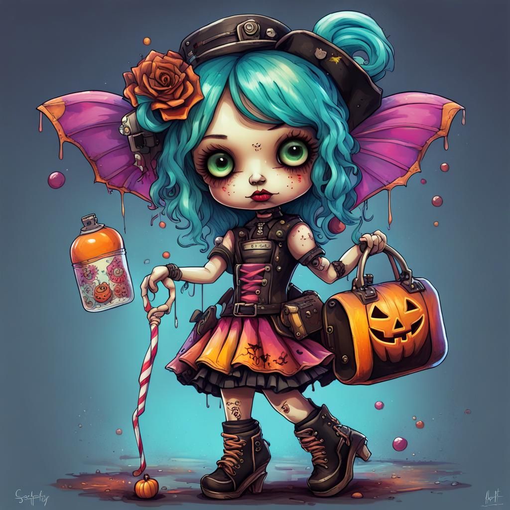 Cute aetherpunk doll with wind up key in her back, carrying trick or treat candy bags,out trick or treating on Halloween...