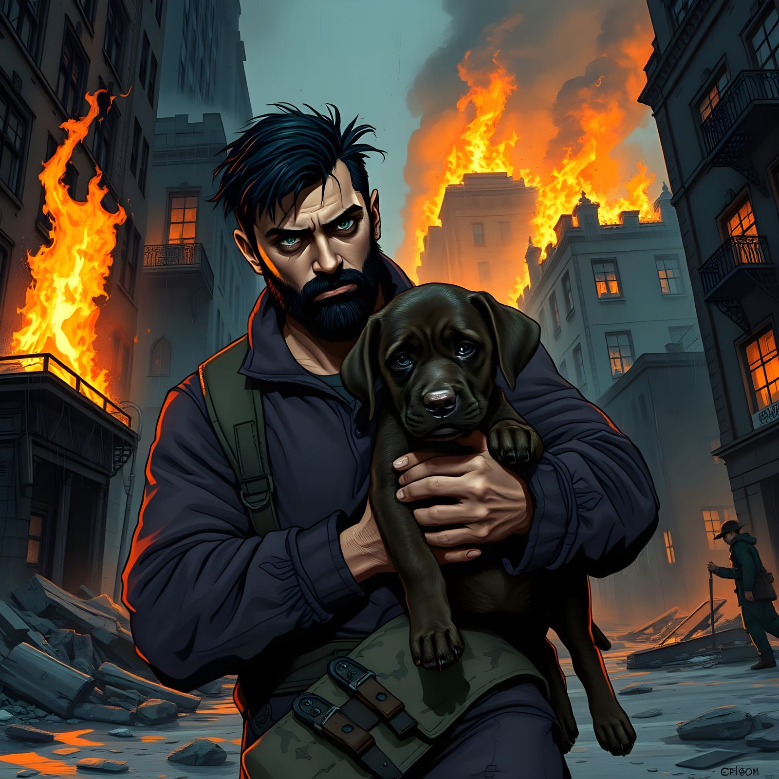 Brooding Hero Rescues Puppy From Burning City