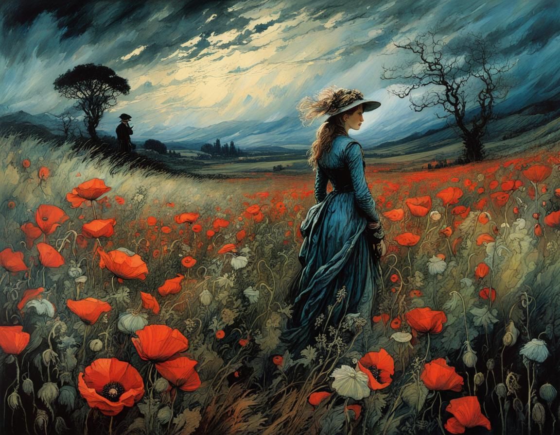 Stormy Poppy Landscape in Deep Colors and Intricate Details