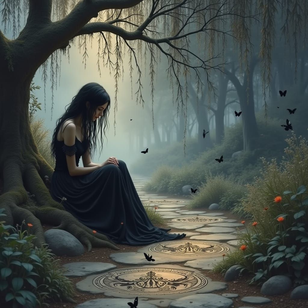 Emo Princess Under Weeping Willow with Glowing Tears