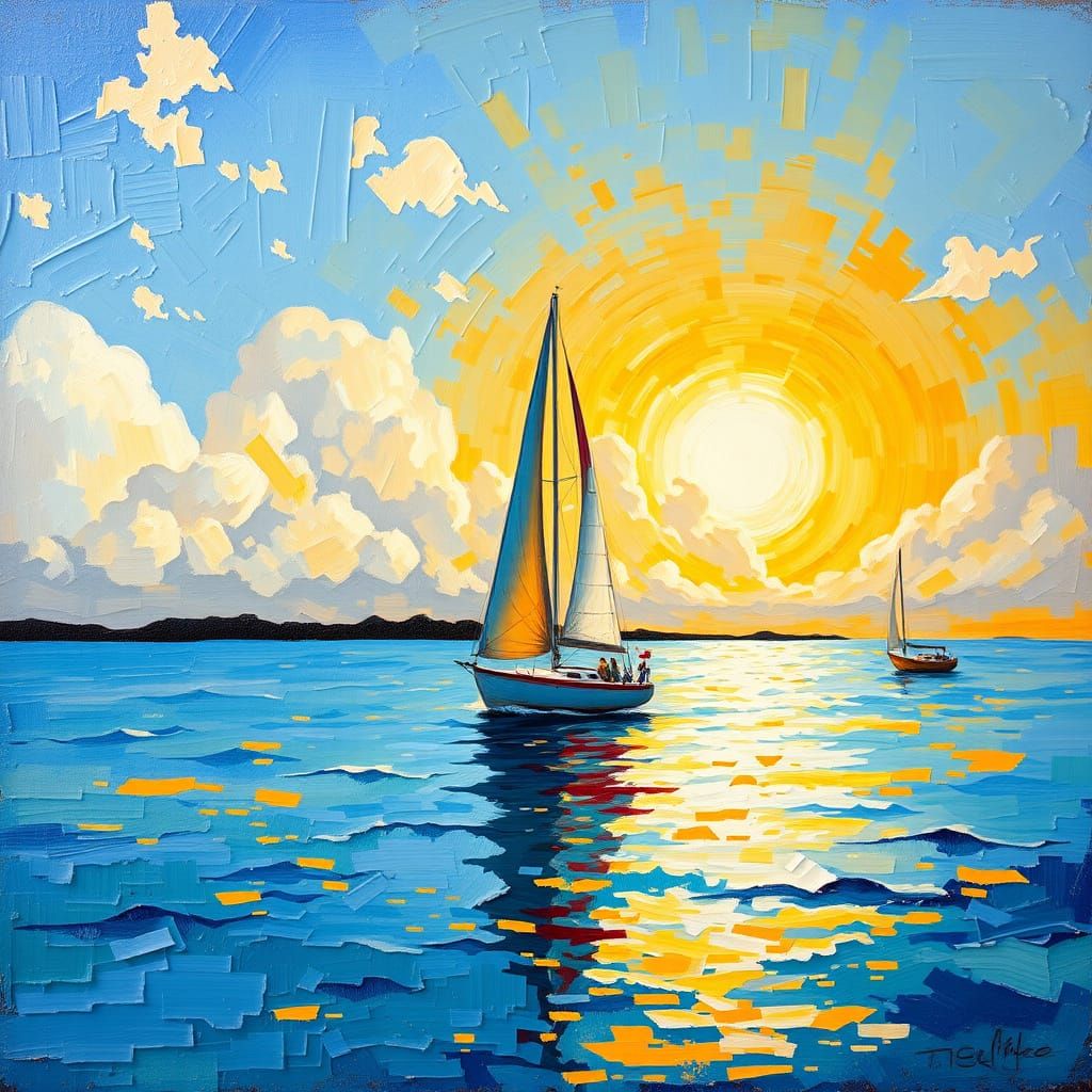 Sailboat Painting with Impasto Palette Knife Strokes