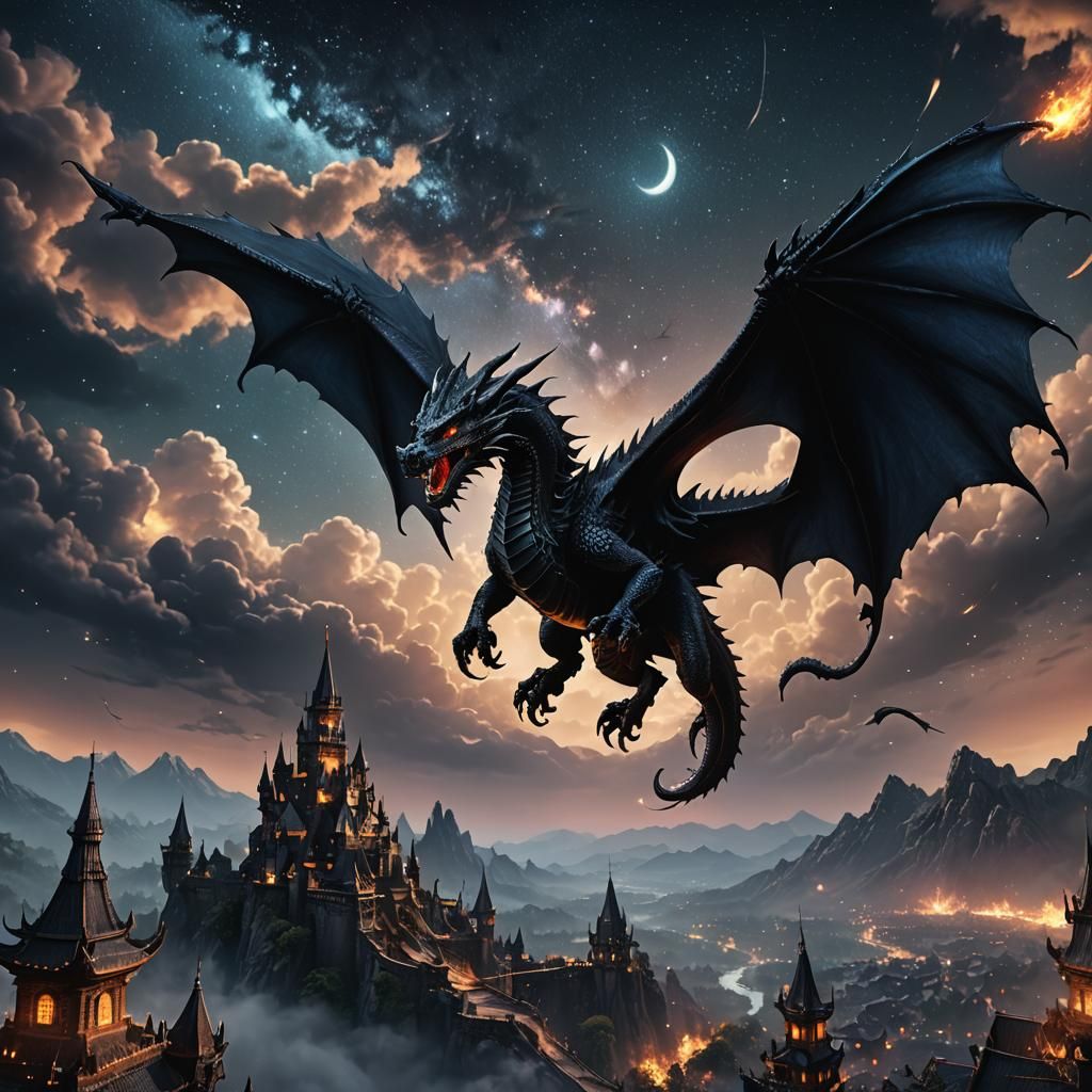 Black Dragon Flight in Detailed Fantasy Art