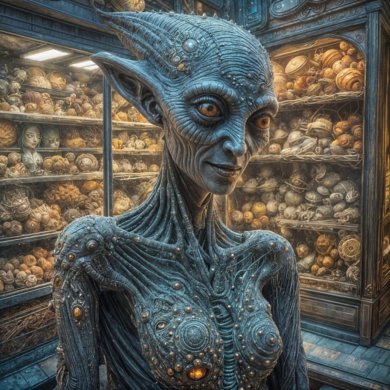 Smiling Aliens Shopping in a Surreal City