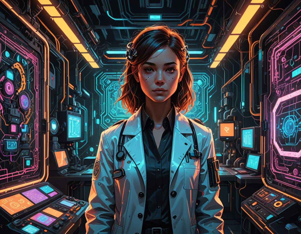 Business Lady in Bio Punk Lab Coat with Metallic Arms