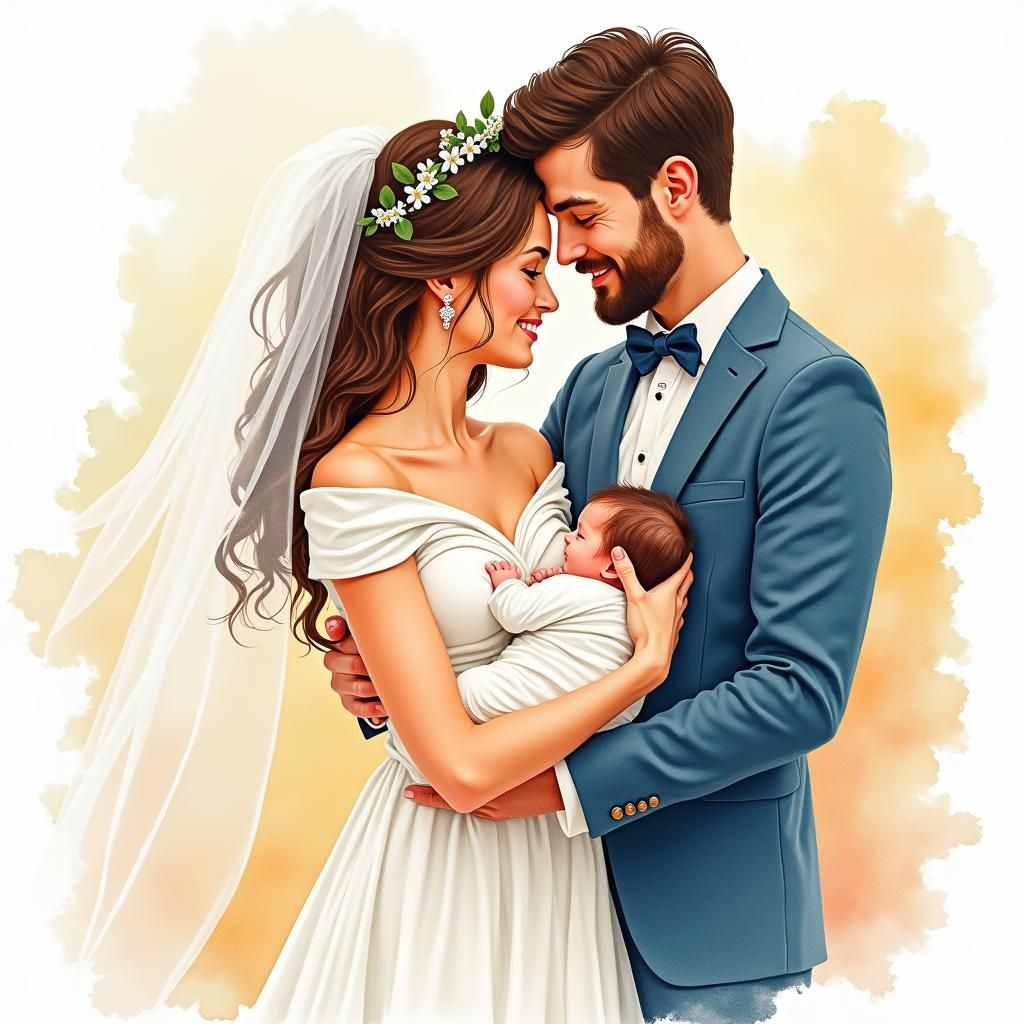 Newlyweds with Newborn in Watercolor Flat Design