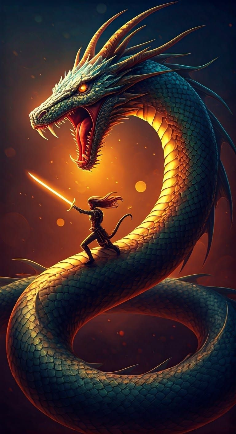 Warrior Rides Serpent with Glowing Sword