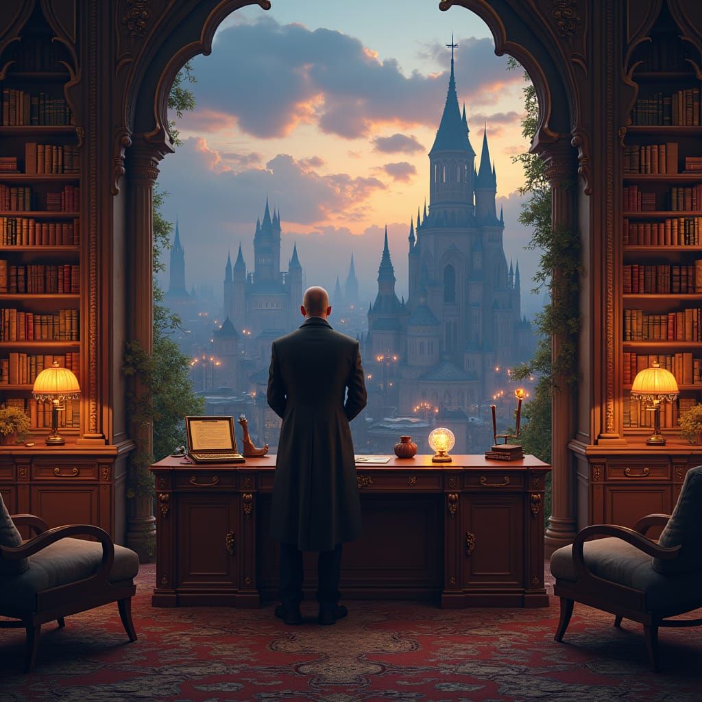 Opulent Study with Cityscape, Matte Painting Style