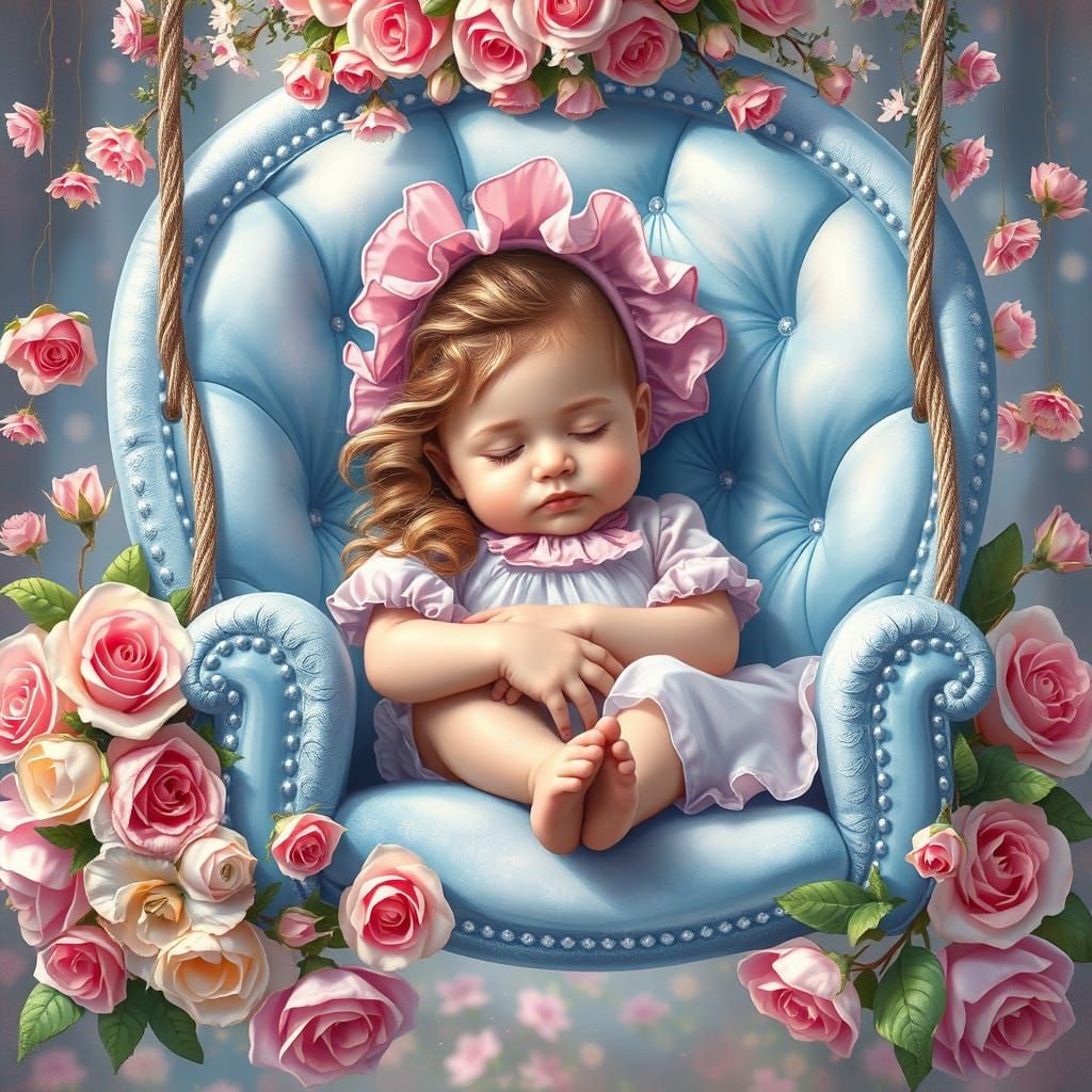 Whimsical Baby Sleeping on Floral Swing