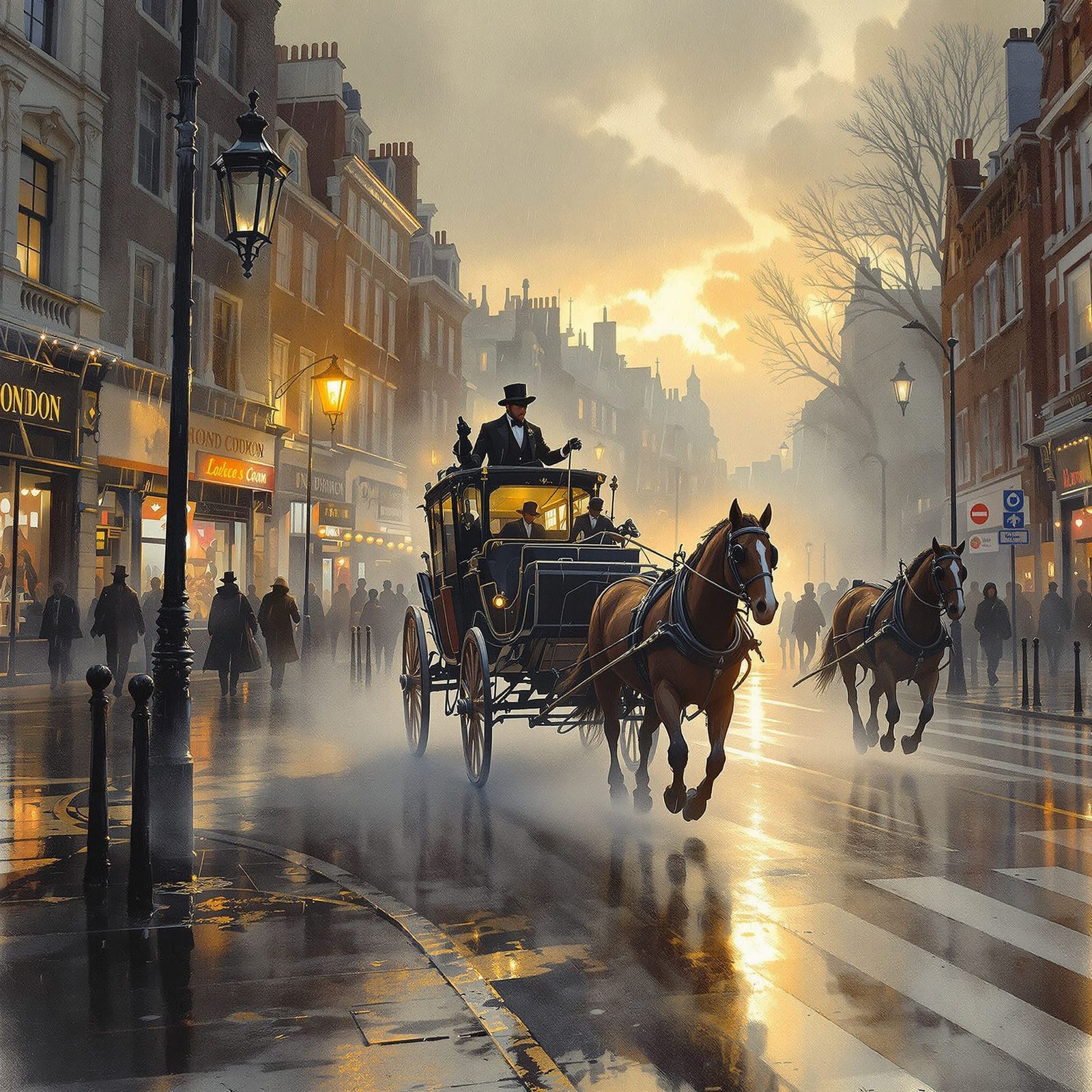 Victorian Carriage Races Through London: Watercolor Art