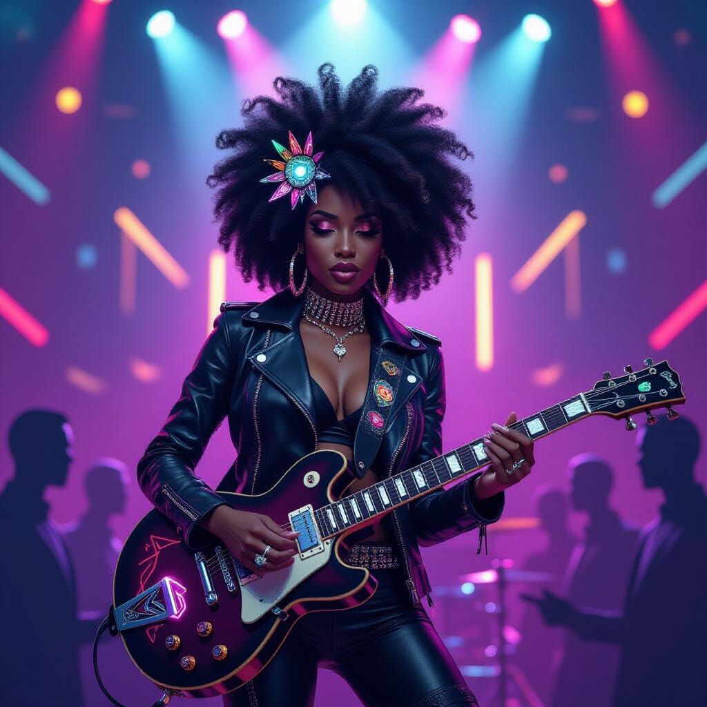Neon Afro Guitarist in Hyperrealistic Futuristic Style