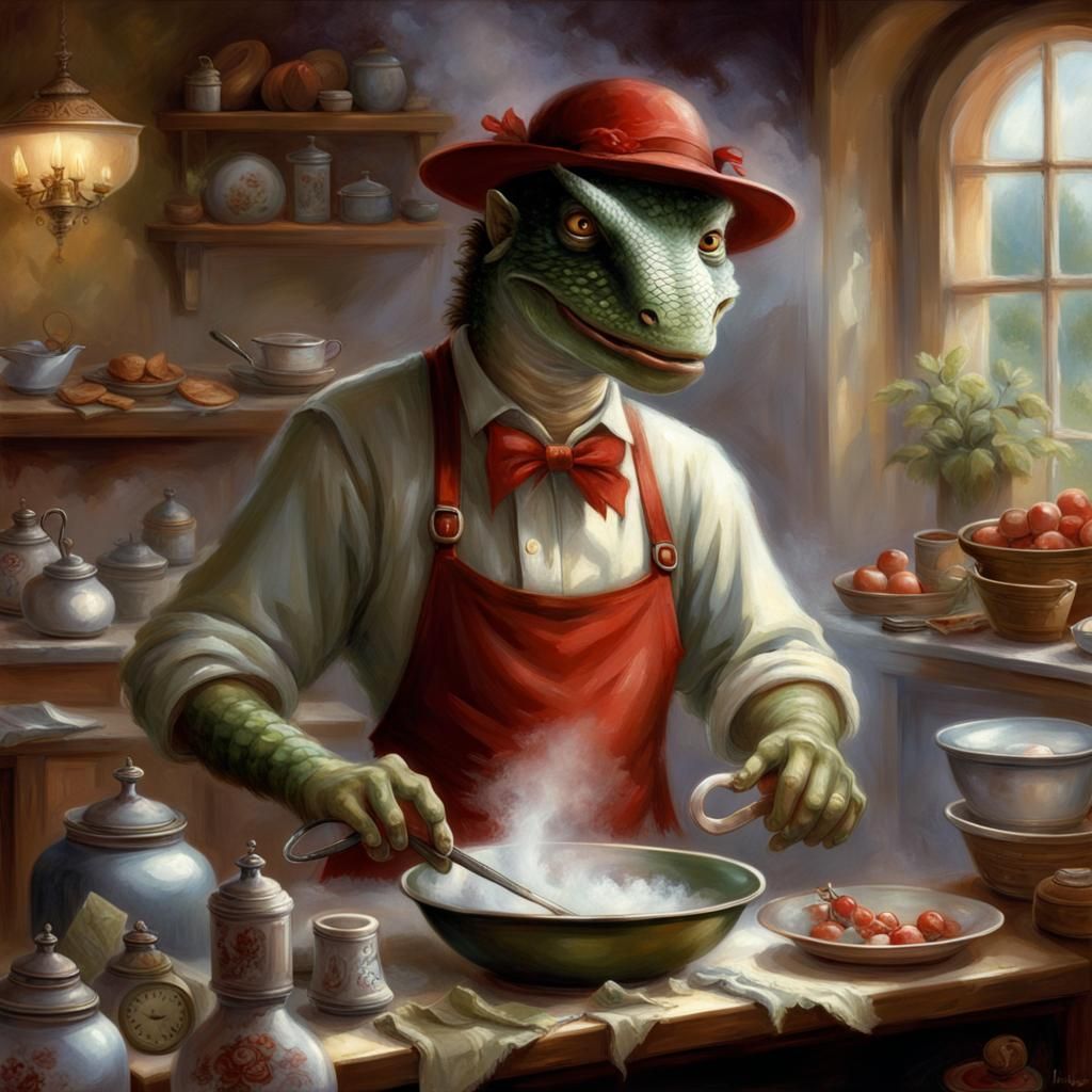 Lizardman Chore Boy Cleans Dishes in Restaurant