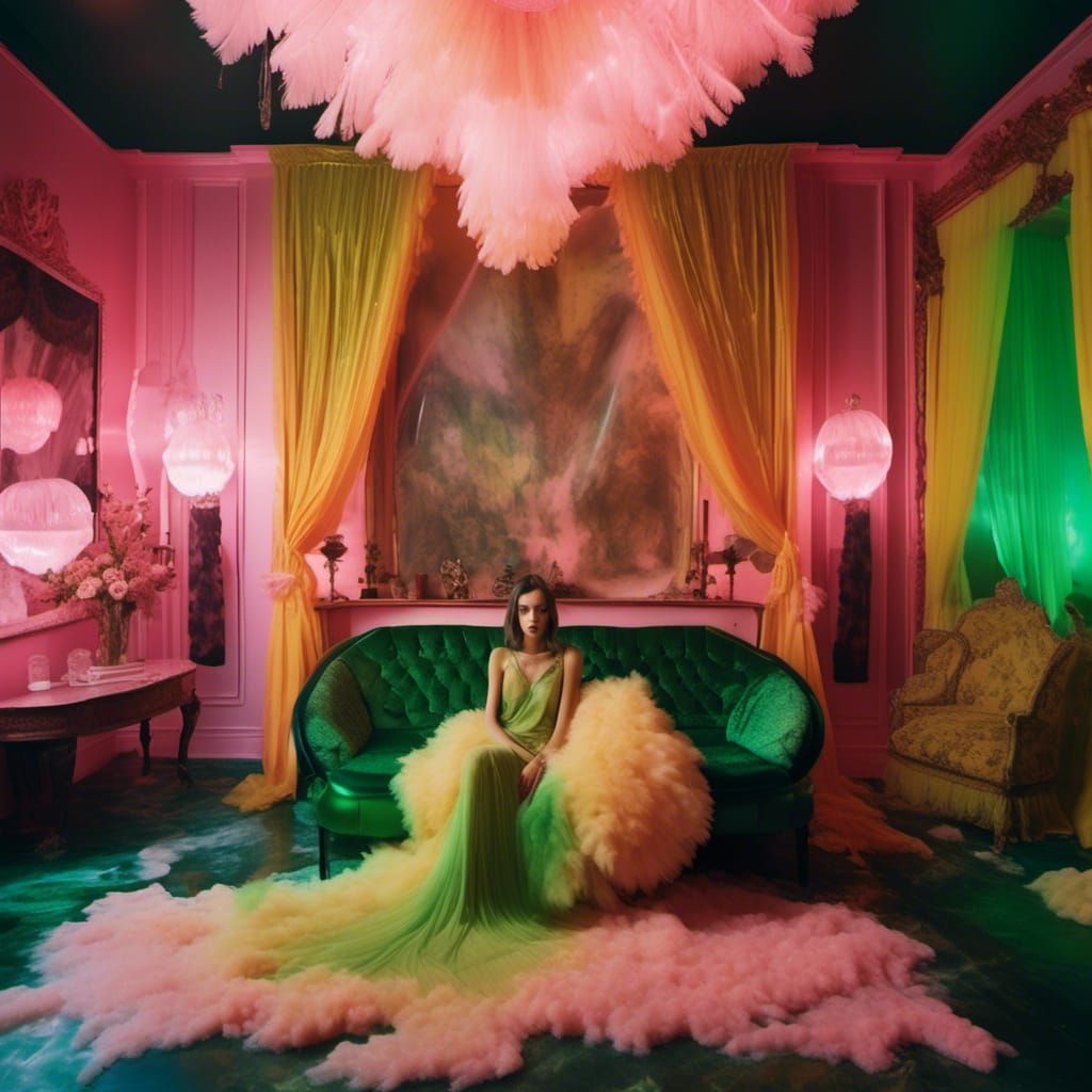 Retro-Futuristic Bedroom with Woman in Translucent Poncho