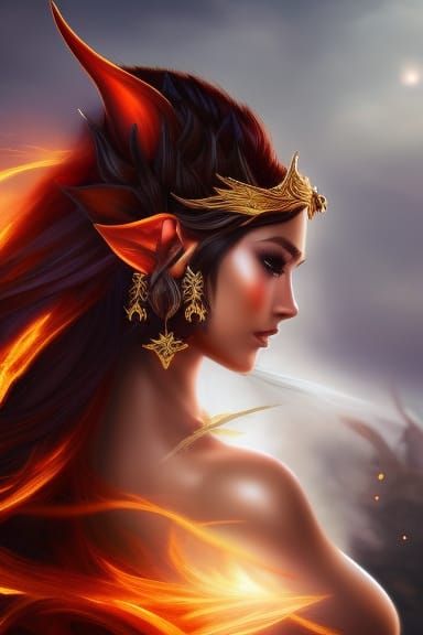 Fiery Dark Elf with Fire Flower Ornamentation