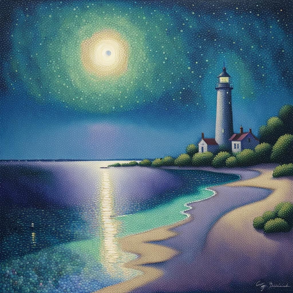 Pointillist Starry Night Beach Scene with Lighthouse