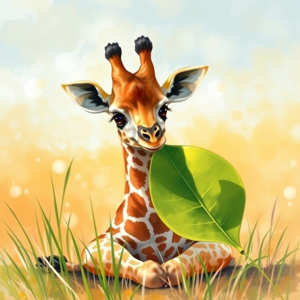 baby giraffe eating a leaf sitting on ground