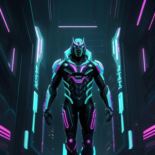 Cyberpunk Alien Ares in Neon Cityscape