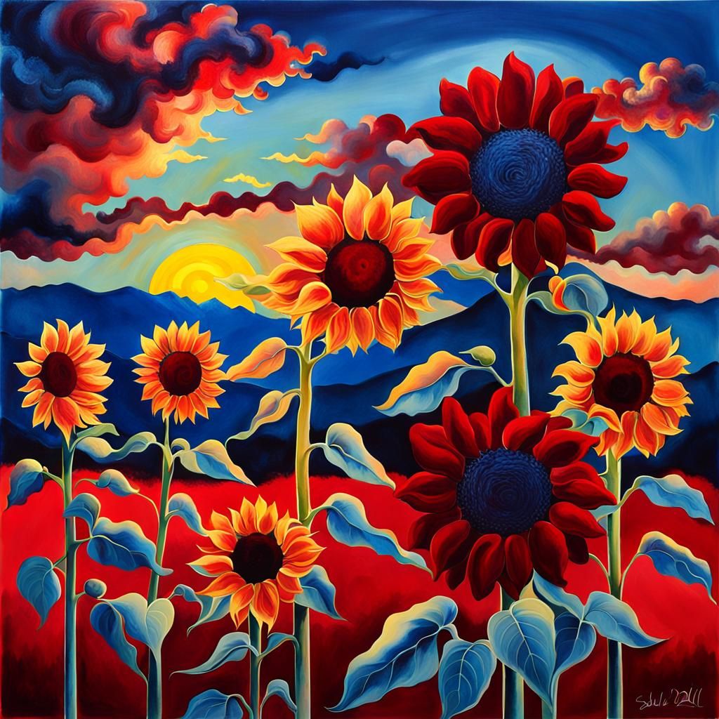 Red Sunflowers with Indigo Sky in Surrealist Style