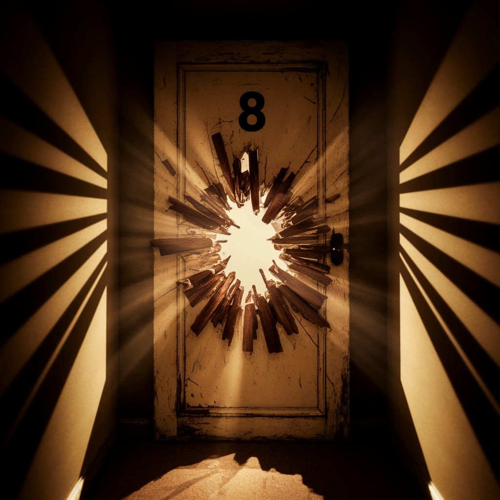 Tarnished Hotel Door with Axe Hole, Eerie Light