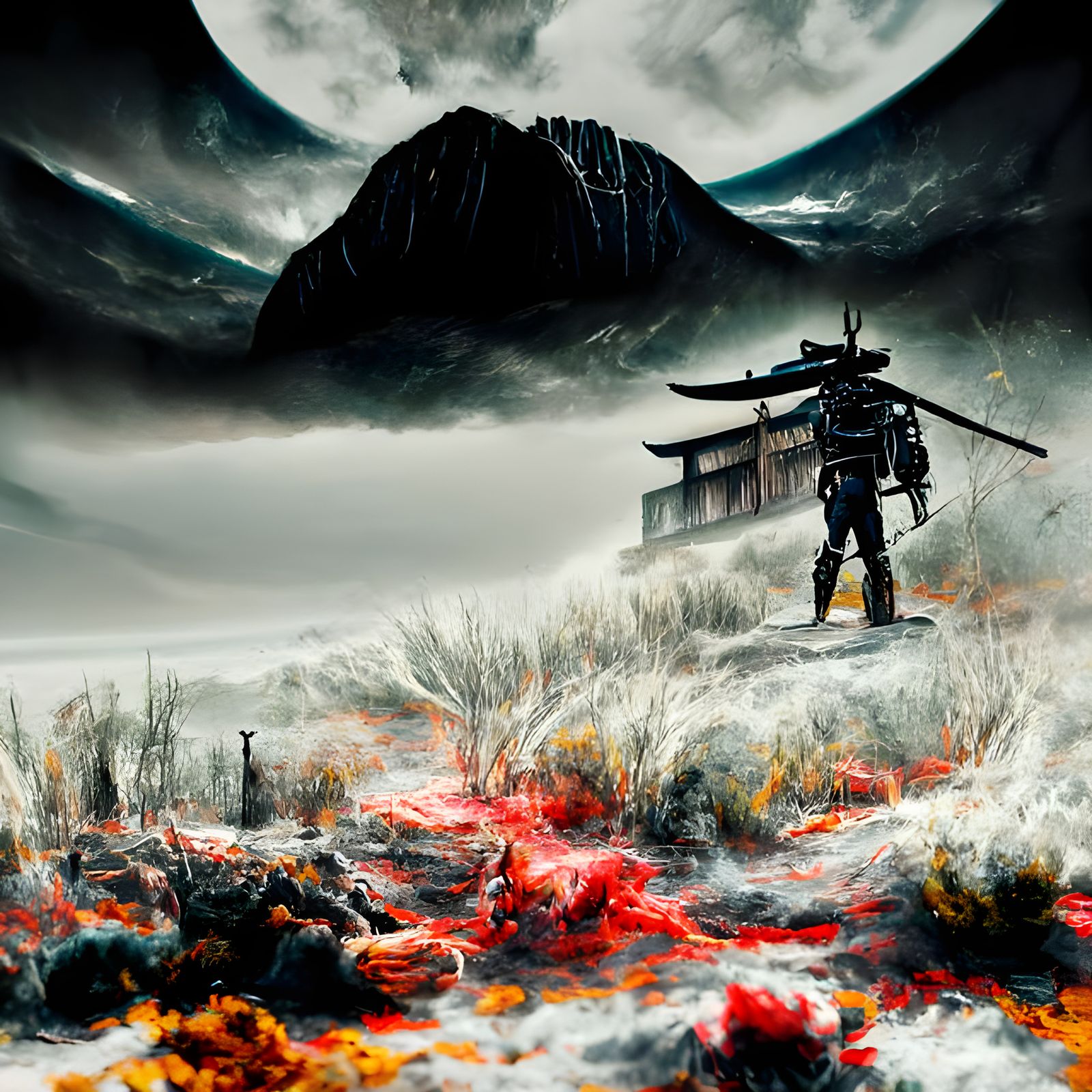 Lone Samurai in Dystopian Landscape, Hyperrealist Poster