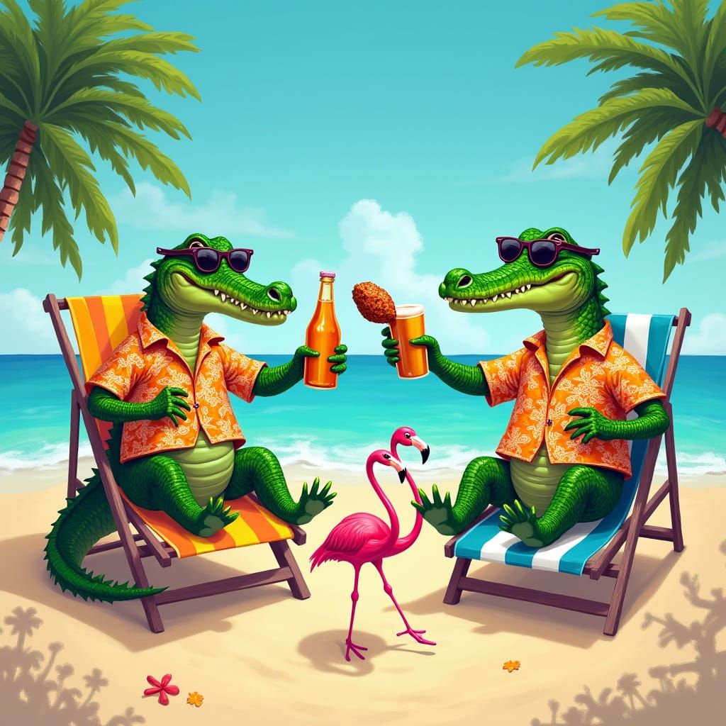 Crocodiles Toasting on Tropical Beach with Flamingo