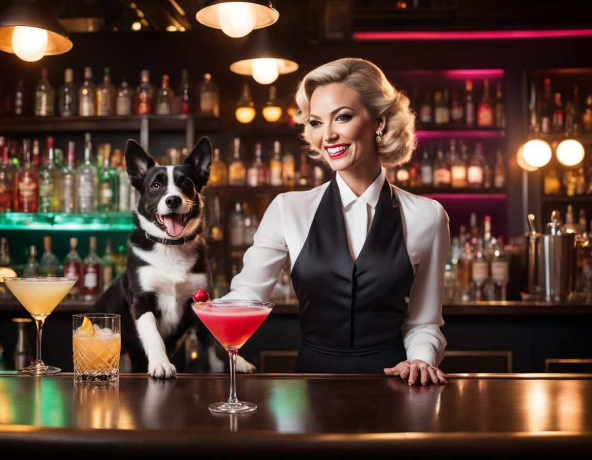 Dog Bartender Mixing Cocktails in Smokey Bar