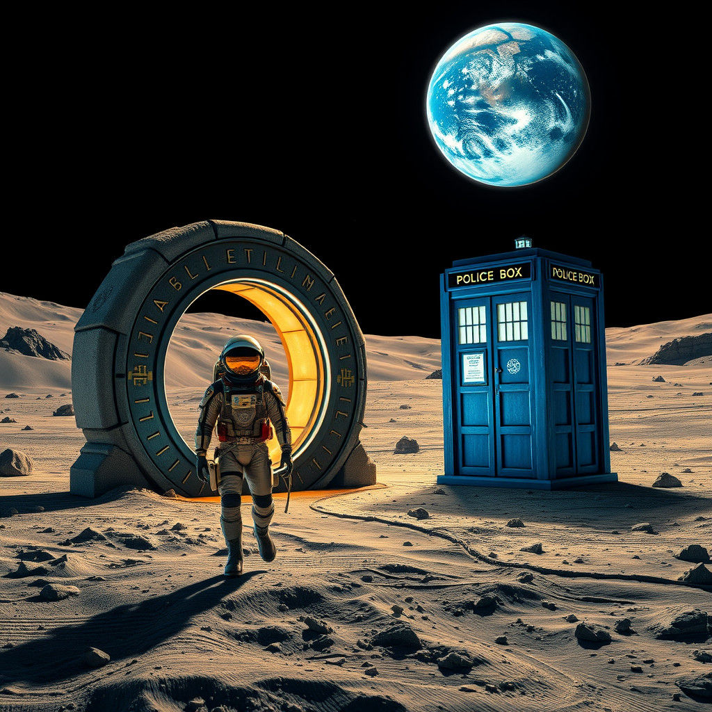 Astronauts, Stargate, and Police Box on the Moon