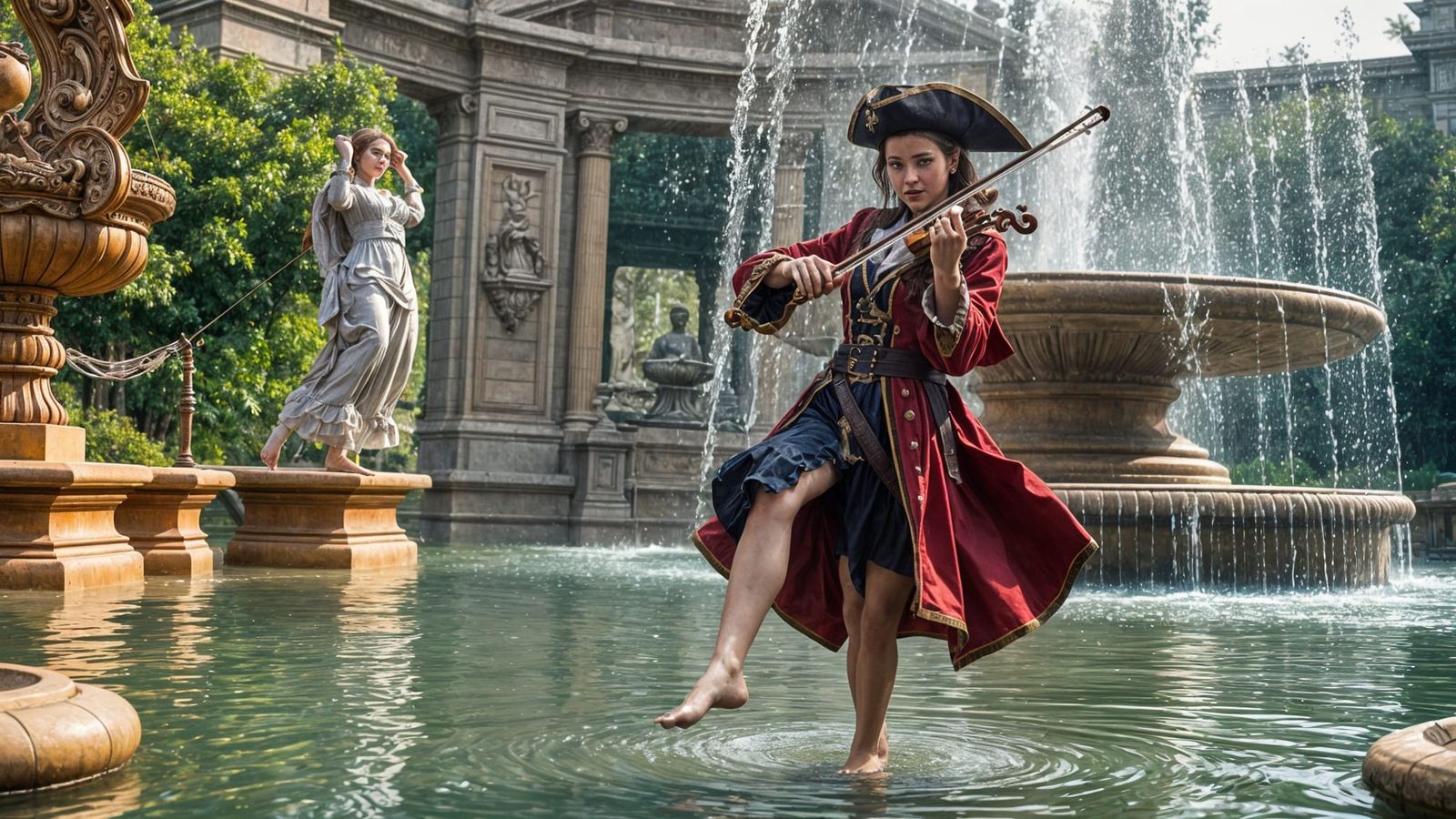 Pirate Violinist Dancing in Fountain: Ultra Realistic 8K
